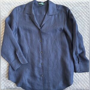 Lauren Ralph Lauren 100% Linen Navy Herringbone Button Front Shirt Blazer M
